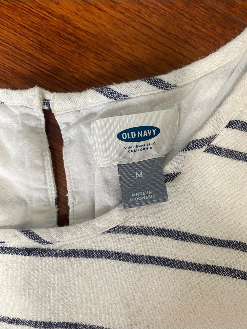 Old Navy Women Cream Dress with Navy Stripes - Short Sleeve Casual - Picture 2 of 4